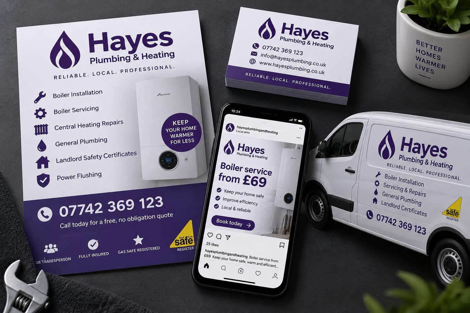 Example leaflet, business cards, social post and van sign from the Marketing Pack