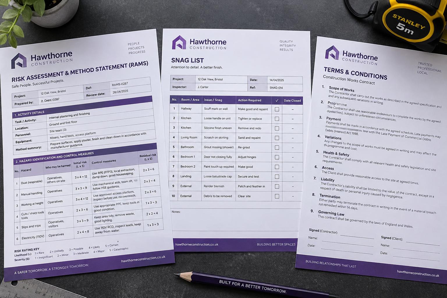 Example RAMS, snag list and contract templates from the Paperwork Pack