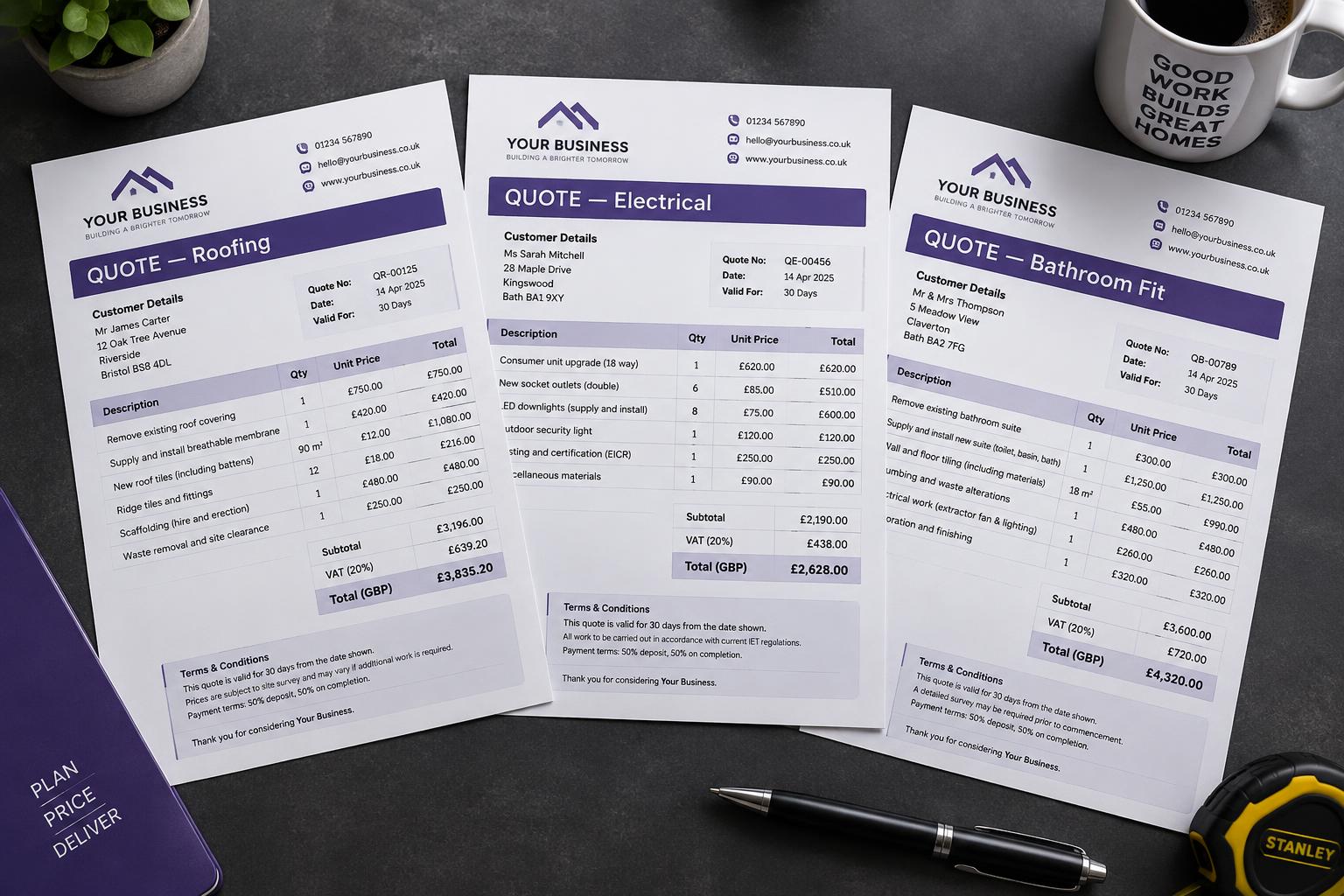 Example roofing, electrical and bathroom quote templates